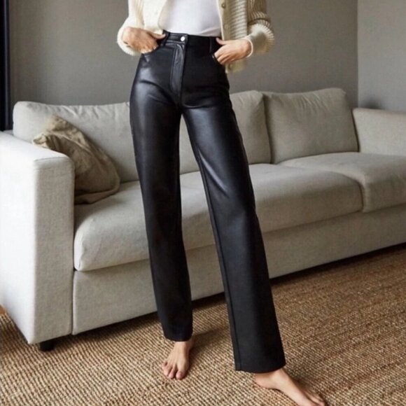 Aritzia Wilfred The Melina High-Waisted Straight Leg Black Vegan Leather Pants 6 - Picture 1 of 8